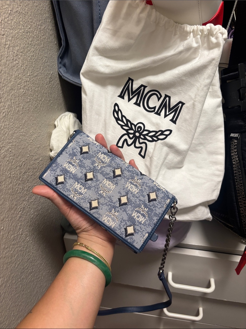 MCM Light Blue Logo Canvas Zip-Around Wallet with Stud Detail